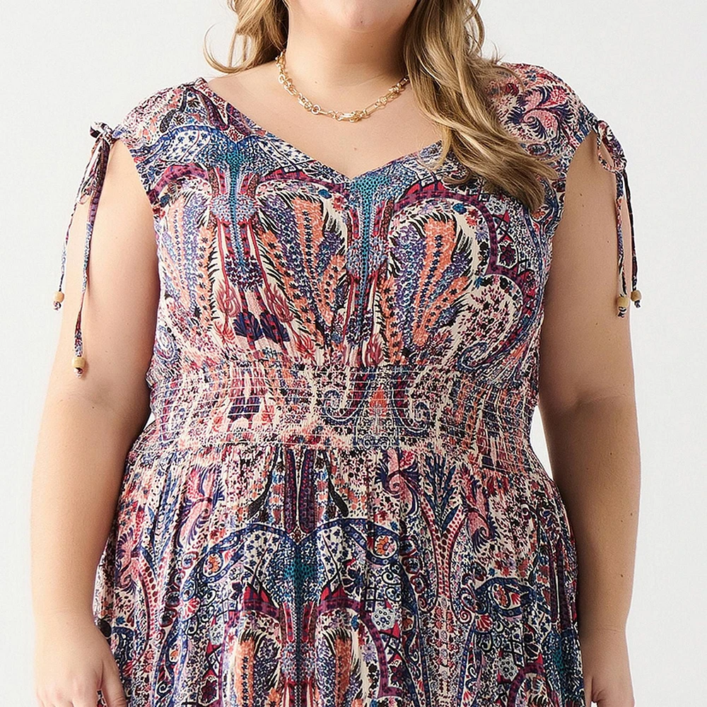 DV Robe longue florale sans manches avec col en V et ourlet à volants en gradins