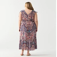DV Robe longue florale sans manches avec col en V et ourlet à volants en gradins