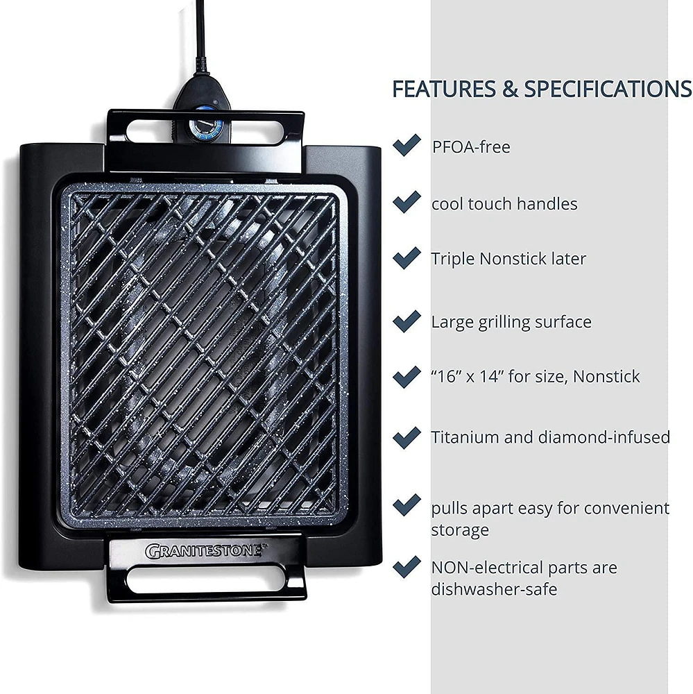 GraniteStone Diamond Indoor Electric Smoke-Less Grill  Black 16 x 14"