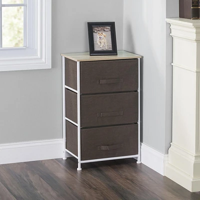 3 Drawer Fabric Dresser Rolling Storage Cart with Wood Top, Brown