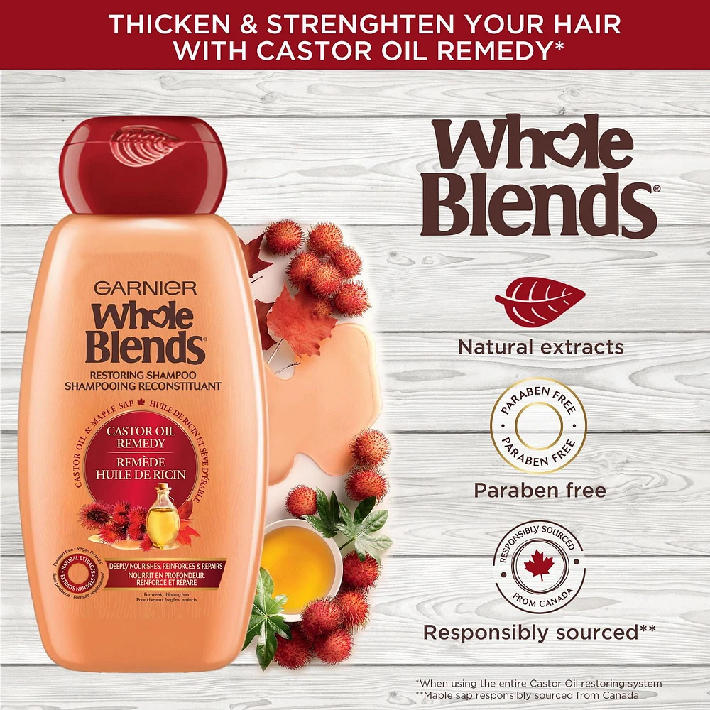 Garnier Whole Blends Shampooing Remède Huile de Ricin, 370 mL Shampooing pour cheveux fragiles et amincissants.