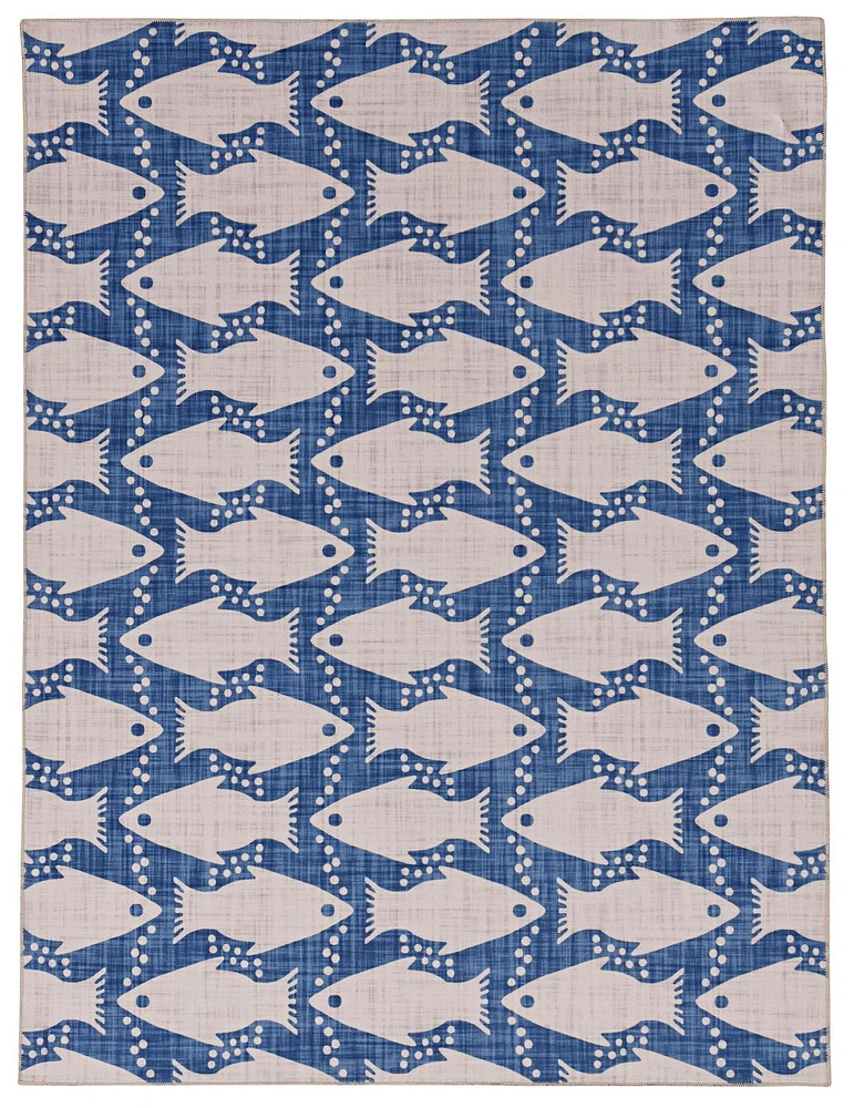 Seabourne 3' x 5' Washable Accent Rug, Ivory and Blue