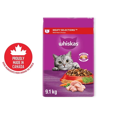 WHISKAS Adult Dry Cat Food Meaty Selections With Real Chicken, 2 - 9.1kg
