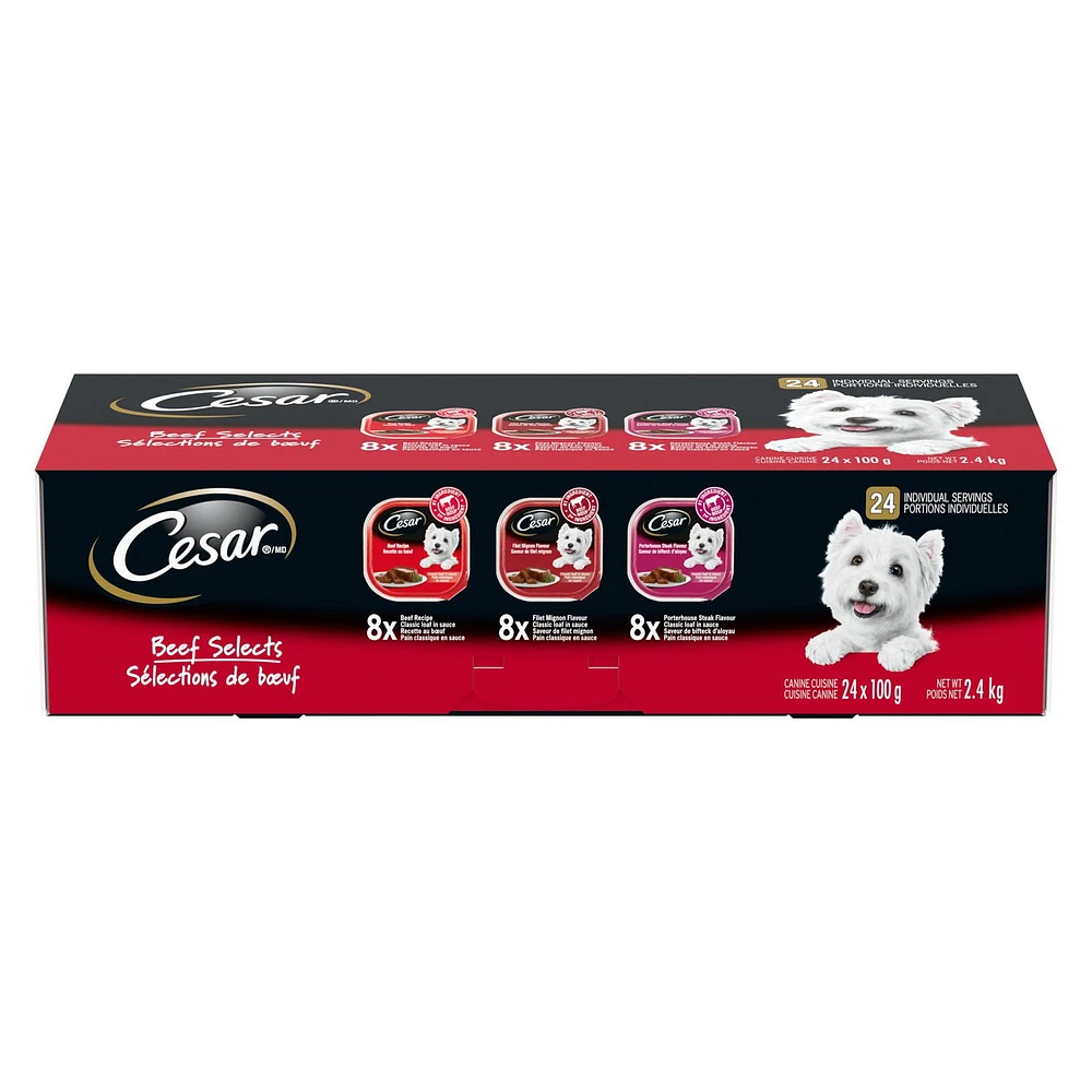 Cesar Adult Classic Loaf In Sauce Beef Selects Variety Pack Soft Wet Dog Food, 24x100g