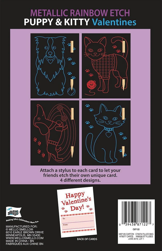 Mello Smello 16CT Rainbow Etch Metallic Puppy & Kitty Valentines Kiddie Cards