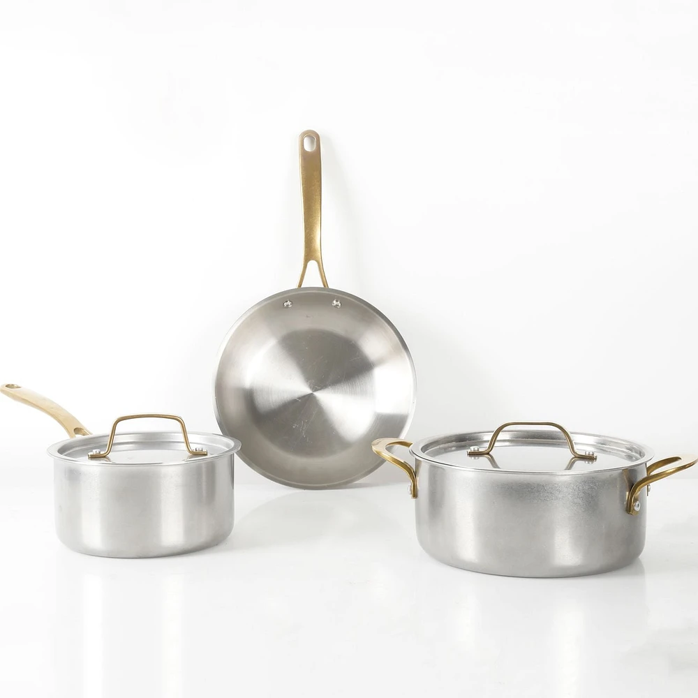 Martha Stewart 5 Piece Stainless Steel Cookware Set with Brass Handles