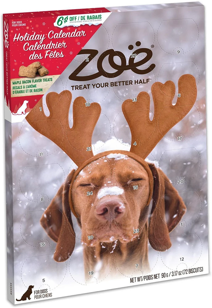 calendrier des Fêtes Zoë pour chiens avec régals à l’érable et de bacon