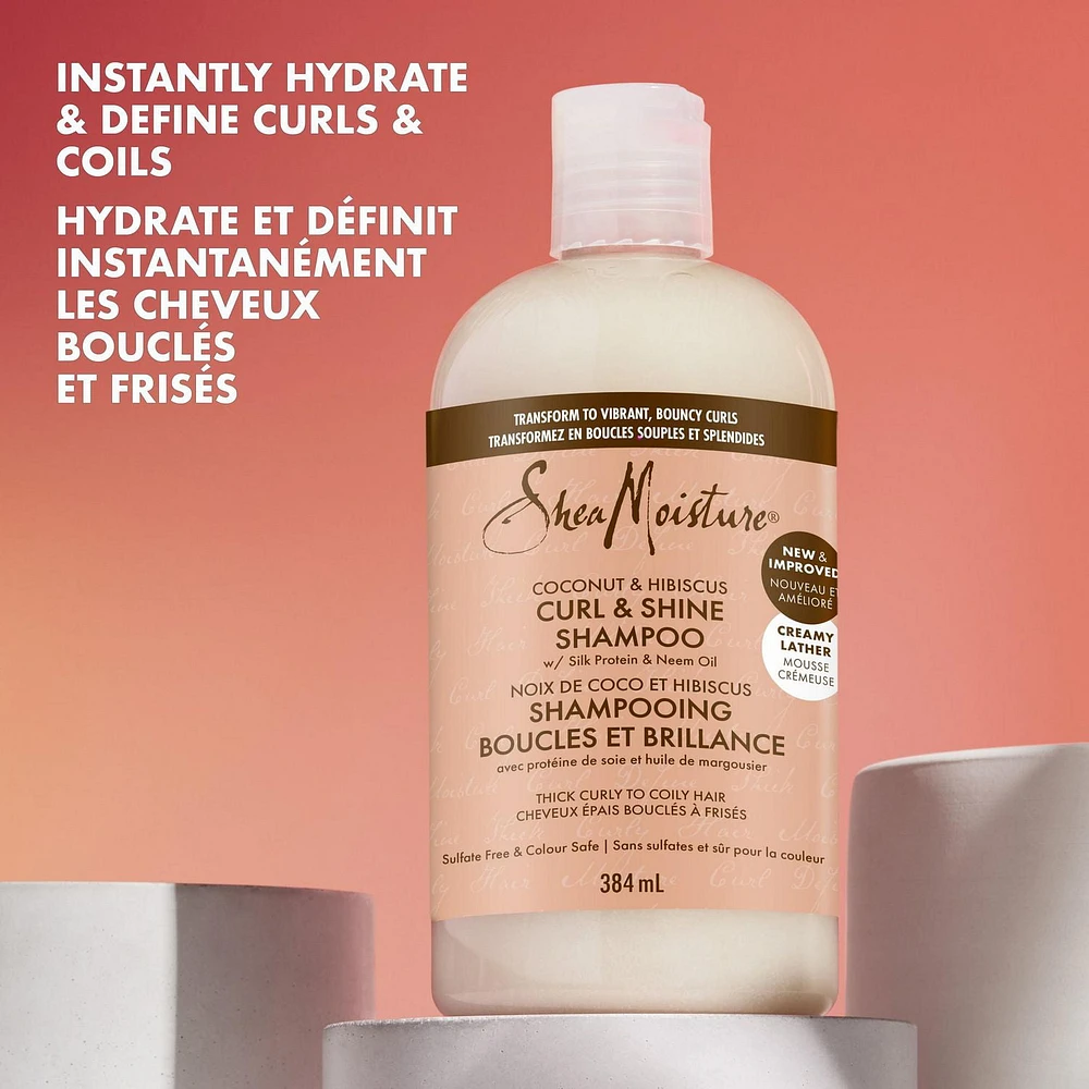 Shampooing SheaMoisture Noix de coco et hibiscus Boucles et brillance pour cheveux épais et bouclés avec protéine de soie et huile de margousier sans sulfates 384mL