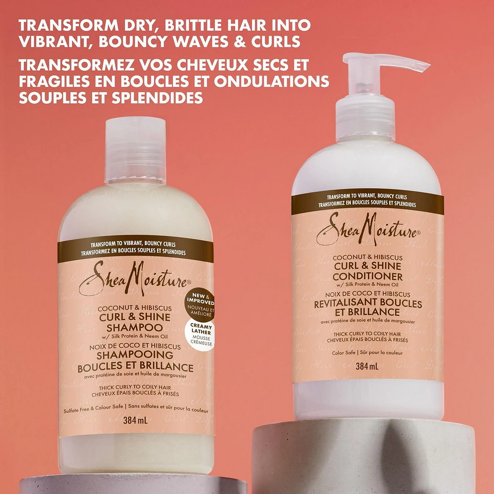 Shampooing SheaMoisture Noix de coco et hibiscus Boucles et brillance pour cheveux épais et bouclés avec protéine de soie et huile de margousier sans sulfates 384mL