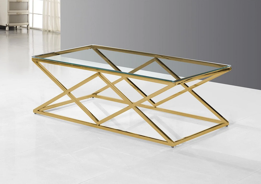 K-Living Castor Coffee Table with Clear Tempered Glass Top & Gold Polished Stainless Steel Base