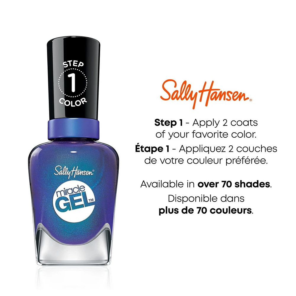 Sally Hansen Miracle Gel, vernis à ongles en gel, vernis à ongles résistant à l'écaillage, dure jusqu'à 8 jours Réussissez une manucure* qui dure jusqu’à 8 jours depuis le confort de votre domicile grâce au Sally Hansen Miracle Gel™. Notre vernis à ongles simili-gel 100 % végétalien vous donne des résultats de qualité professionnelle en 2 étapes simples (vernis + couche de finition)