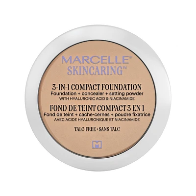 Marcelle Fond de teint compact + cache-cernes + poudre fixatrice 3 en 1 Skincaring avec acide hyaluronique Couvrance modulable, 8.5 g