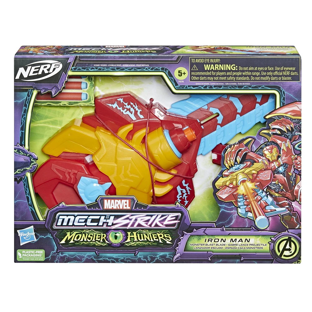 Marvel Avengers Mech Strike Monster Hunters Iron Man Monster Blast Blade Roleplay Toy with 3 NERF Darts, Toys for Kids Ages 5 and Up, Ages 4 and up.