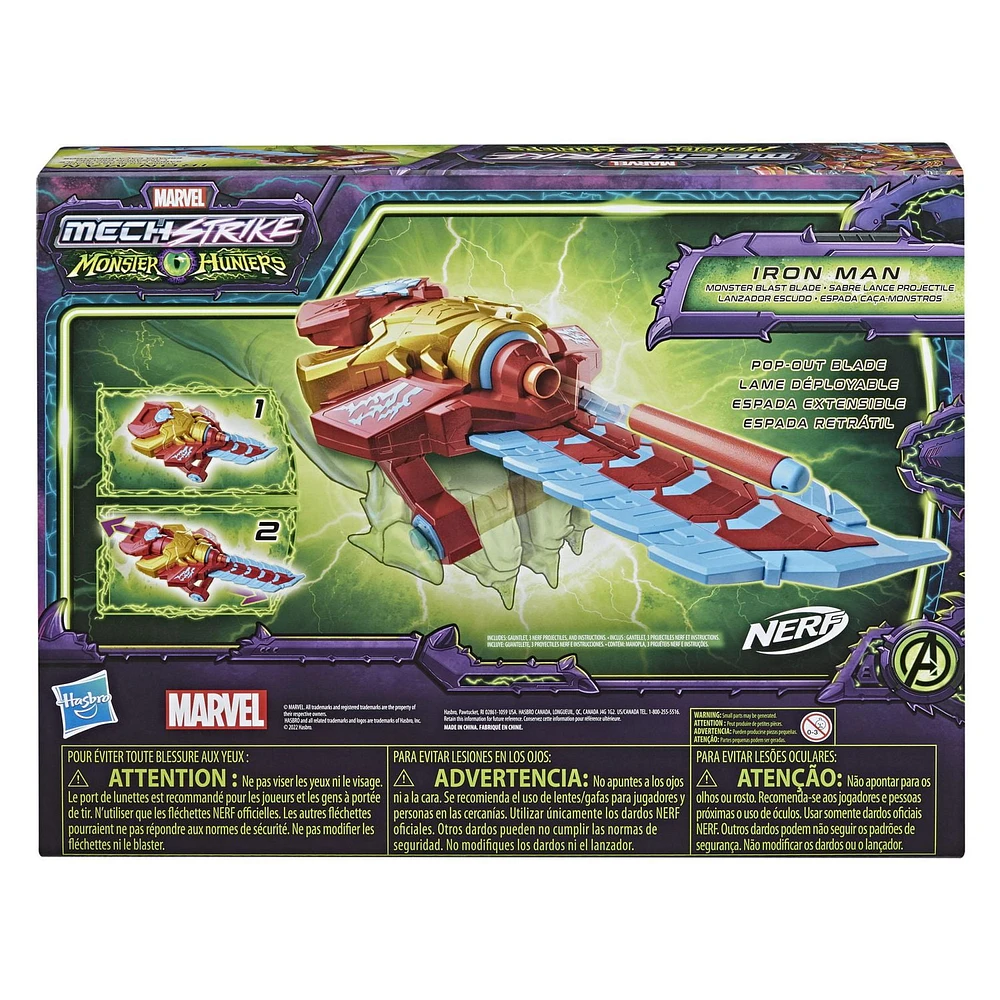 Marvel Avengers Mech Strike Monster Hunters Iron Man Monster Blast Blade Roleplay Toy with 3 NERF Darts, Toys for Kids Ages 5 and Up, Ages 4 and up.