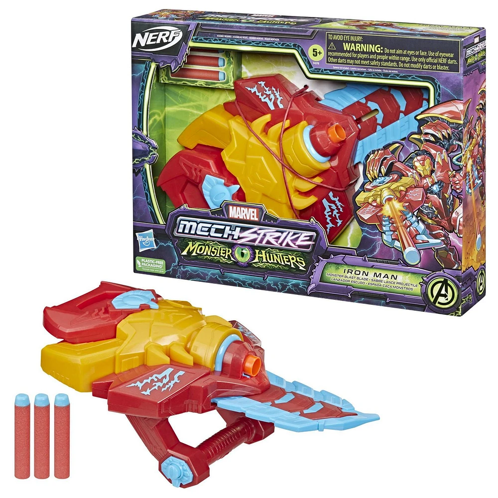 Marvel Avengers Mech Strike Monster Hunters Iron Man Monster Blast Blade Roleplay Toy with 3 NERF Darts, Toys for Kids Ages 5 and Up, Ages 4 and up.