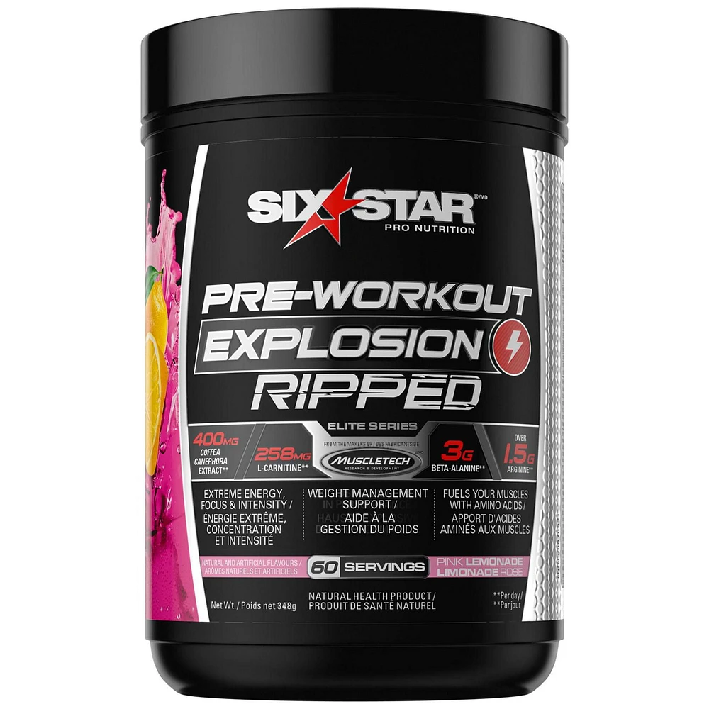 Six Star Preworkout Explosion Ripped Energy Powder, Pre-workout Powder for Men & Women with Beta Alanine for Energy, Focus and Intensity, Pink Lemonade (60 Servings)