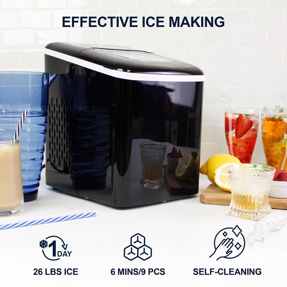 Koolatron Compact Countertop Ice Maker, 9pcs Cubes Ready in 6 Mins, 26lbs of ice in 24 hours with Digital Controls and LED Indicators