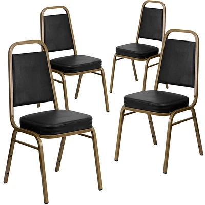 4 Pk. HERCULES Series Trapezoidal Back Stacking Banquet Chair in Black Vinyl - Gold Frame