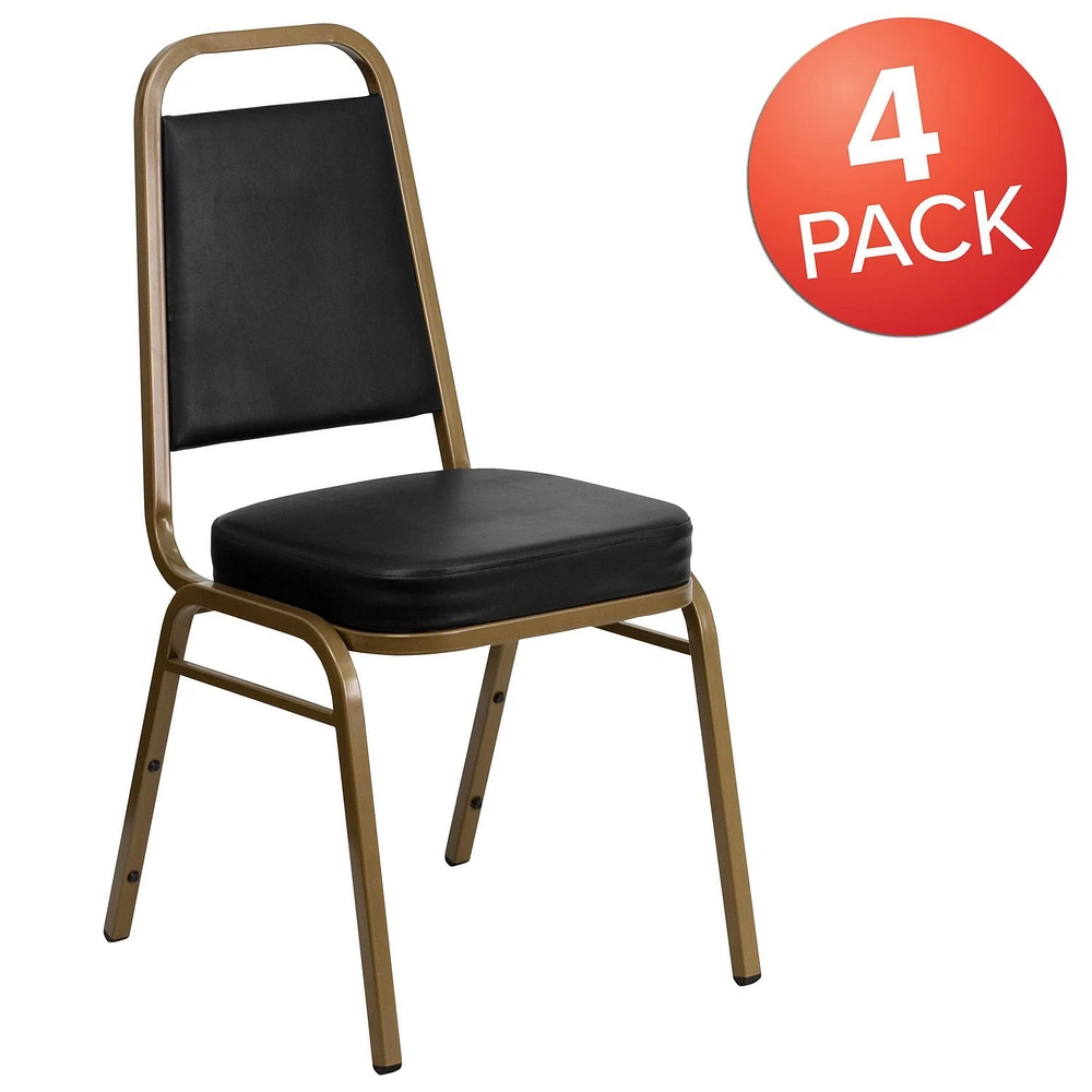 4 Pk. HERCULES Series Trapezoidal Back Stacking Banquet Chair in Black Vinyl - Gold Frame