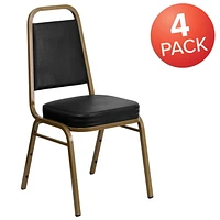 4 Pk. HERCULES Series Trapezoidal Back Stacking Banquet Chair in Black Vinyl - Gold Frame