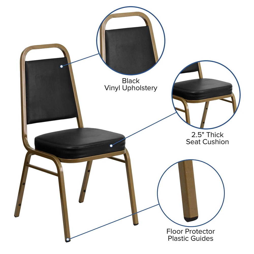 4 Pk. HERCULES Series Trapezoidal Back Stacking Banquet Chair in Black Vinyl - Gold Frame