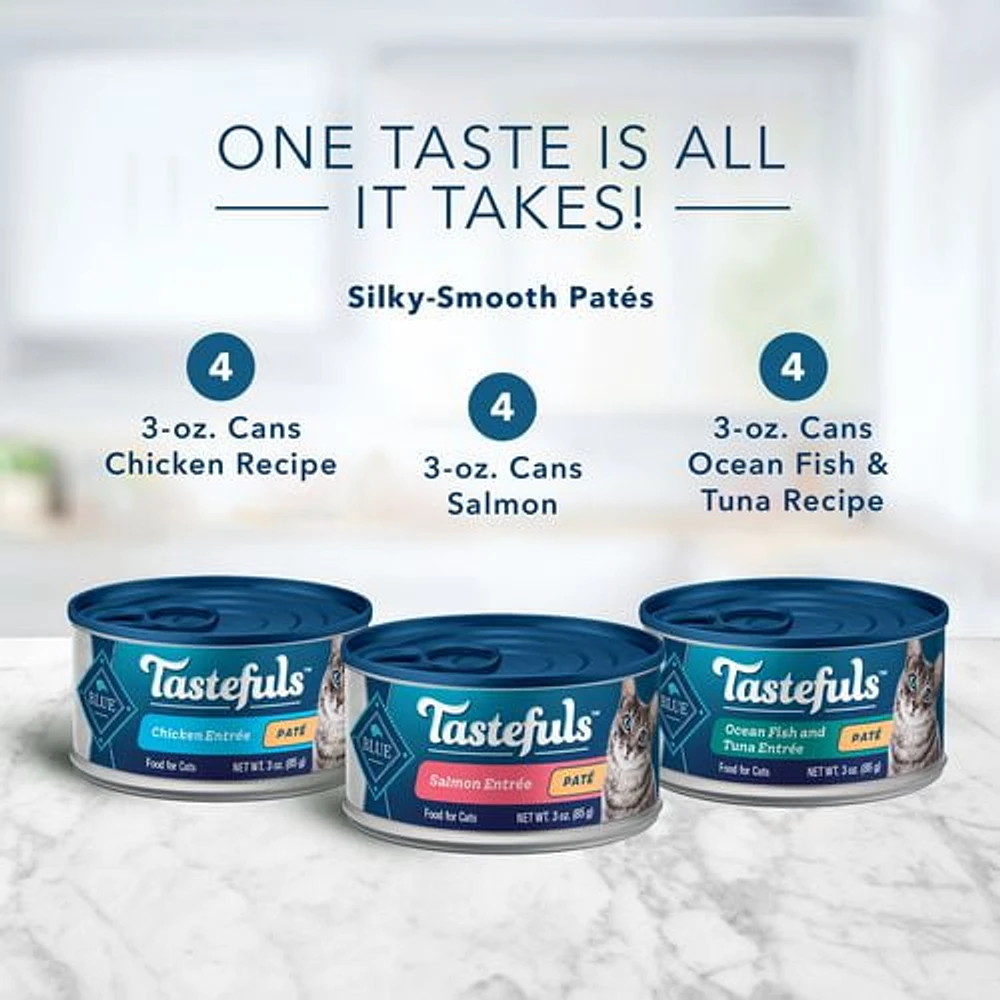 Blue Buffalo Tastefuls Salmon, Chicken, Ocean Fish & Tuna Entrées Natural Pate Wet Cat Food Variety Pack, 12x85g