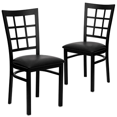 2 Pk. HERCULES Series Black Window Back Metal Restaurant Chair - Black Vinyl Seat