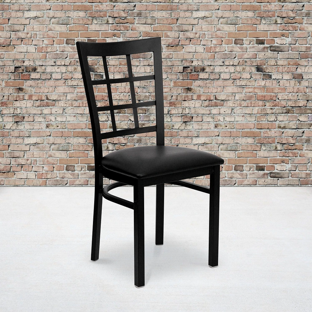 2 Pk. HERCULES Series Black Window Back Metal Restaurant Chair - Black Vinyl Seat