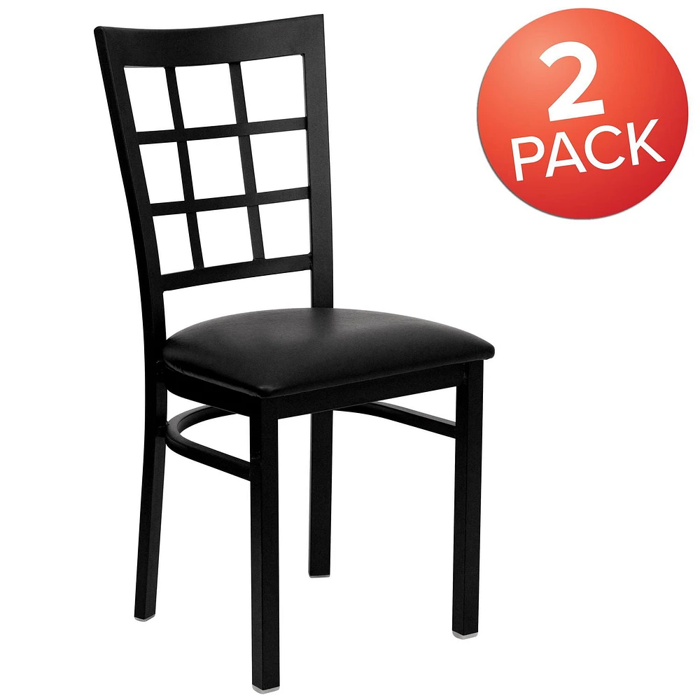 2 Pk. HERCULES Series Black Window Back Metal Restaurant Chair - Black Vinyl Seat