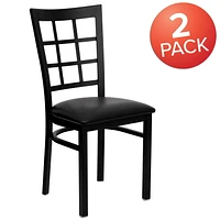 2 Pk. HERCULES Series Black Window Back Metal Restaurant Chair - Black Vinyl Seat