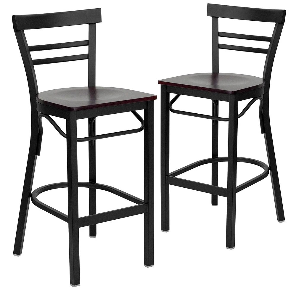 2 Pk. HERCULES Series Black Two-Slat Ladder Back Metal Restaurant Barstool - Mahogany Wood Seat