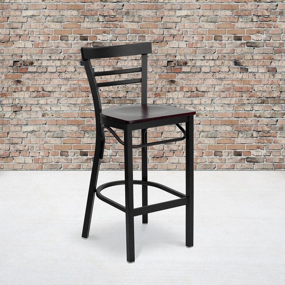 2 Pk. HERCULES Series Black Two-Slat Ladder Back Metal Restaurant Barstool - Mahogany Wood Seat