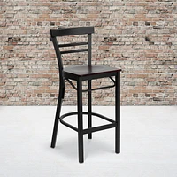 2 Pk. HERCULES Series Black Two-Slat Ladder Back Metal Restaurant Barstool - Mahogany Wood Seat