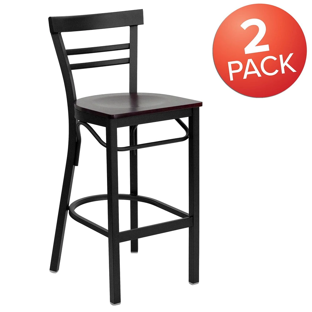 2 Pk. HERCULES Series Black Two-Slat Ladder Back Metal Restaurant Barstool - Mahogany Wood Seat