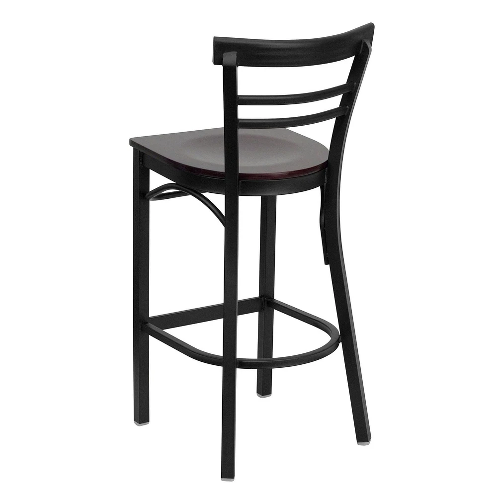 2 Pk. HERCULES Series Black Two-Slat Ladder Back Metal Restaurant Barstool - Mahogany Wood Seat