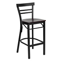 2 Pk. HERCULES Series Black Two-Slat Ladder Back Metal Restaurant Barstool - Mahogany Wood Seat