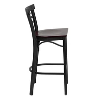 2 Pk. HERCULES Series Black Two-Slat Ladder Back Metal Restaurant Barstool - Mahogany Wood Seat