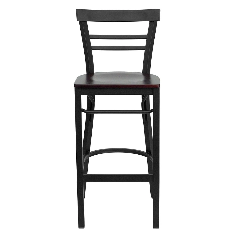 2 Pk. HERCULES Series Black Two-Slat Ladder Back Metal Restaurant Barstool - Mahogany Wood Seat