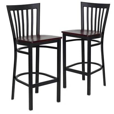 2 Pk. HERCULES Series Black School House Back Metal Restaurant Barstool - Mahogany Wood Seat