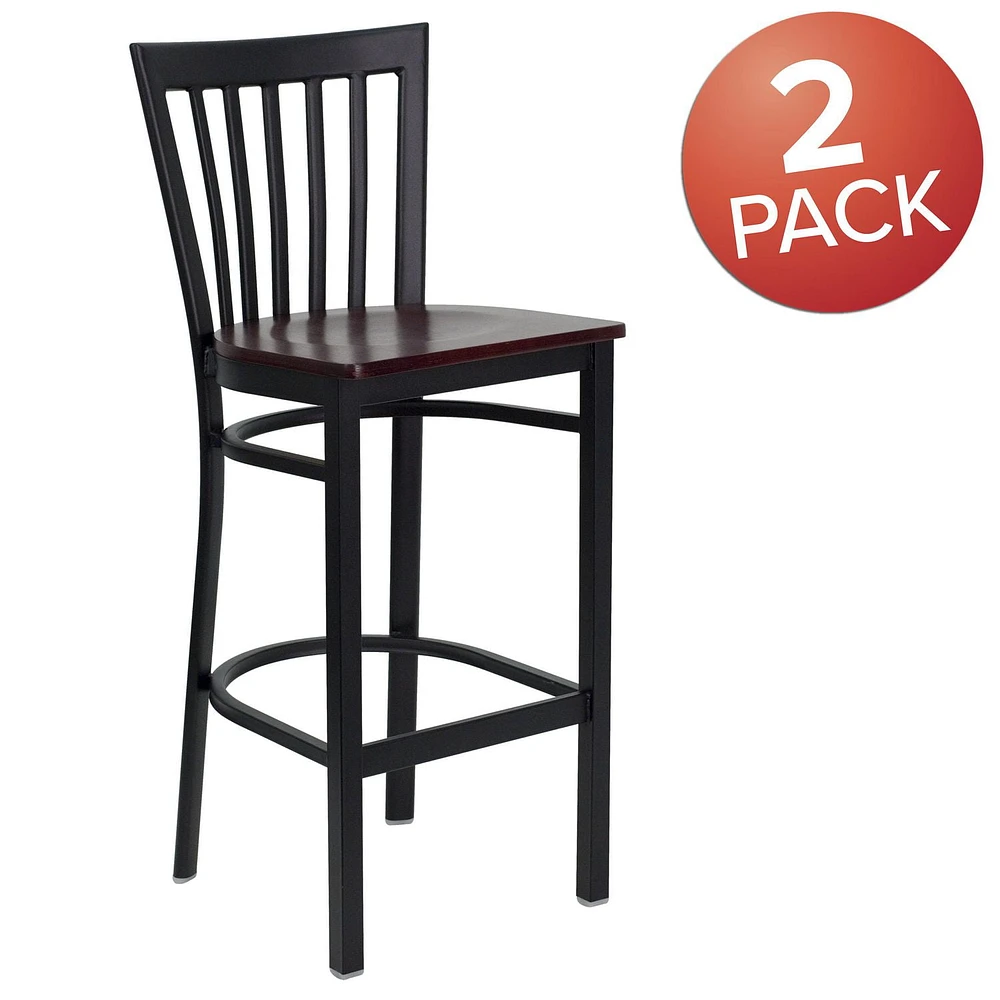 2 Pk. HERCULES Series Black School House Back Metal Restaurant Barstool - Mahogany Wood Seat