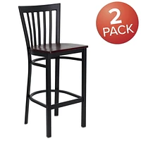 2 Pk. HERCULES Series Black School House Back Metal Restaurant Barstool - Mahogany Wood Seat