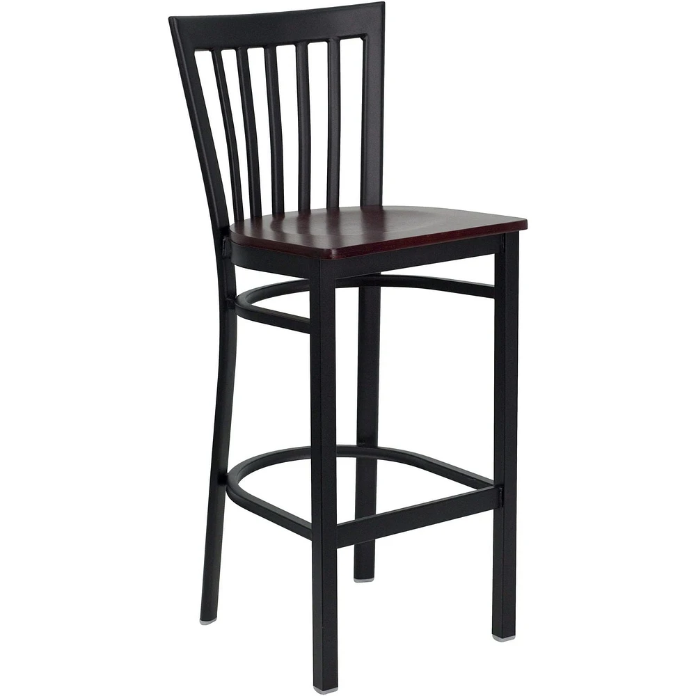 2 Pk. HERCULES Series Black School House Back Metal Restaurant Barstool - Mahogany Wood Seat