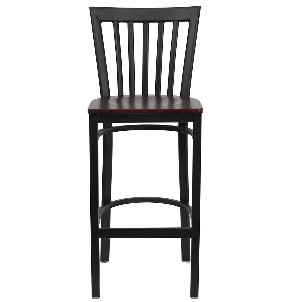 2 Pk. HERCULES Series Black School House Back Metal Restaurant Barstool - Mahogany Wood Seat