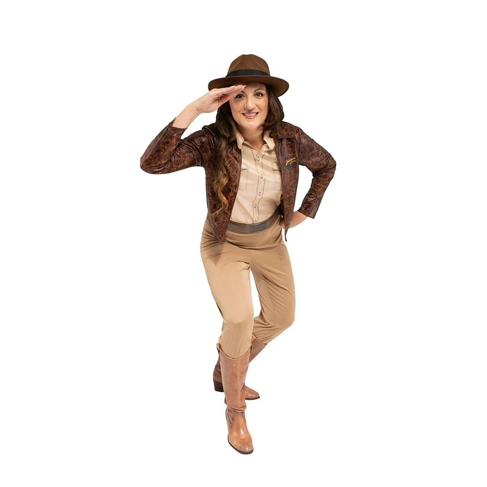 Adult Women's INDIANA JONES Costume - Shirt and Jacket with Logo, Pants, Buckled Belt