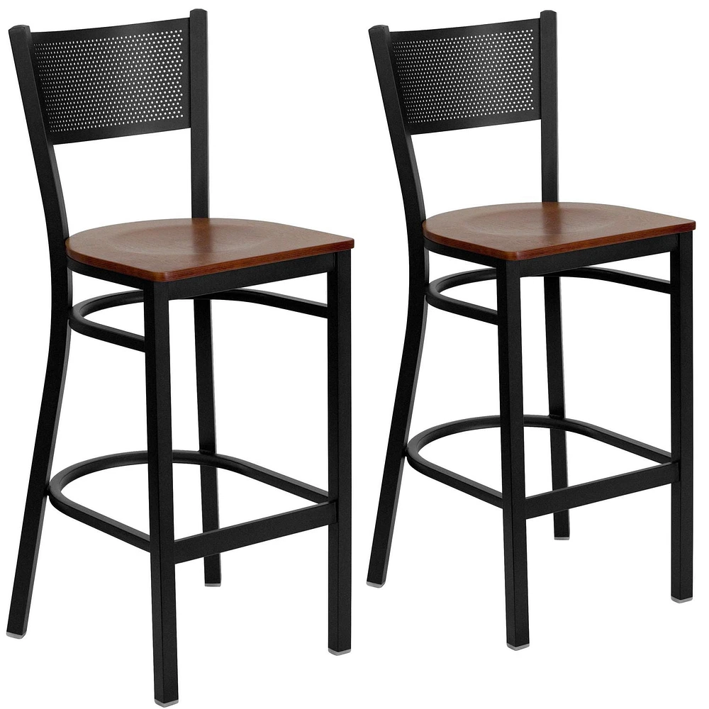 2 Pk. HERCULES Series Black Grid Back Metal Restaurant Barstool - Cherry Wood Seat