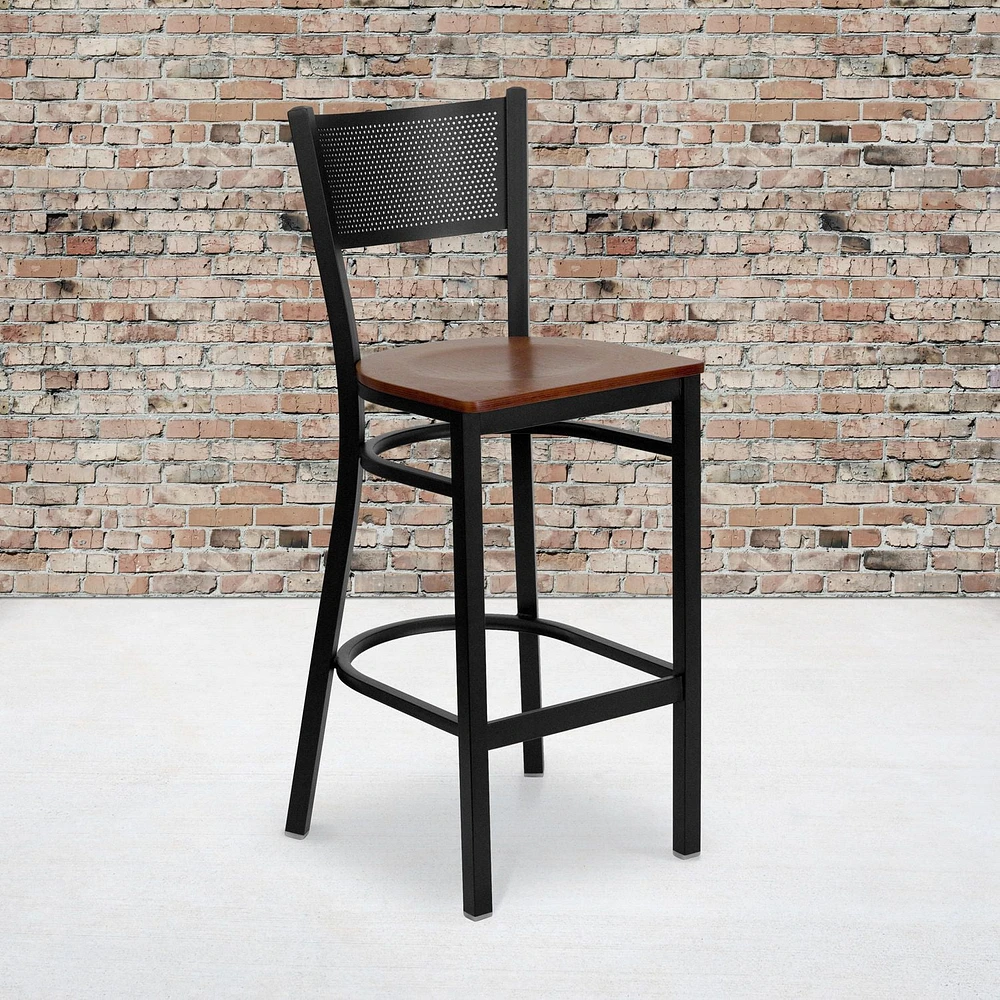 2 Pk. HERCULES Series Black Grid Back Metal Restaurant Barstool - Cherry Wood Seat