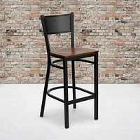 2 Pk. HERCULES Series Black Grid Back Metal Restaurant Barstool - Cherry Wood Seat