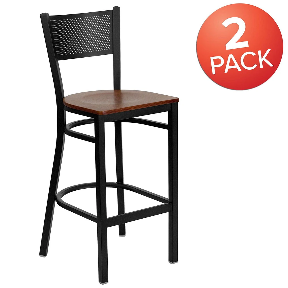 2 Pk. HERCULES Series Black Grid Back Metal Restaurant Barstool - Cherry Wood Seat