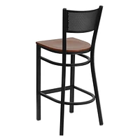 2 Pk. HERCULES Series Black Grid Back Metal Restaurant Barstool - Cherry Wood Seat