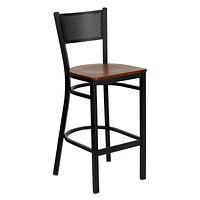 2 Pk. HERCULES Series Black Grid Back Metal Restaurant Barstool - Cherry Wood Seat